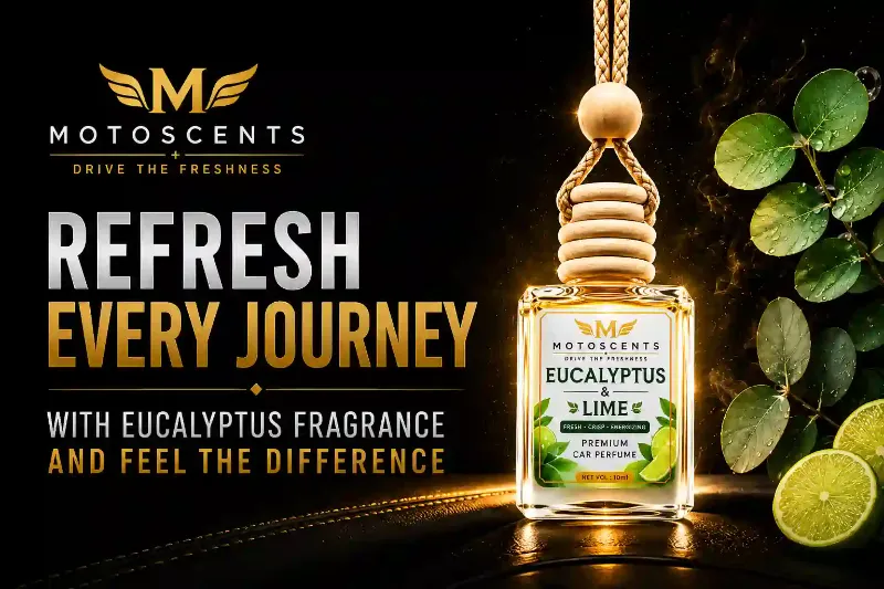 MotoScents Eucalyptus & Lime premium car perfume bottle with eucalyptus leaves and lime slices to refresh every journey.