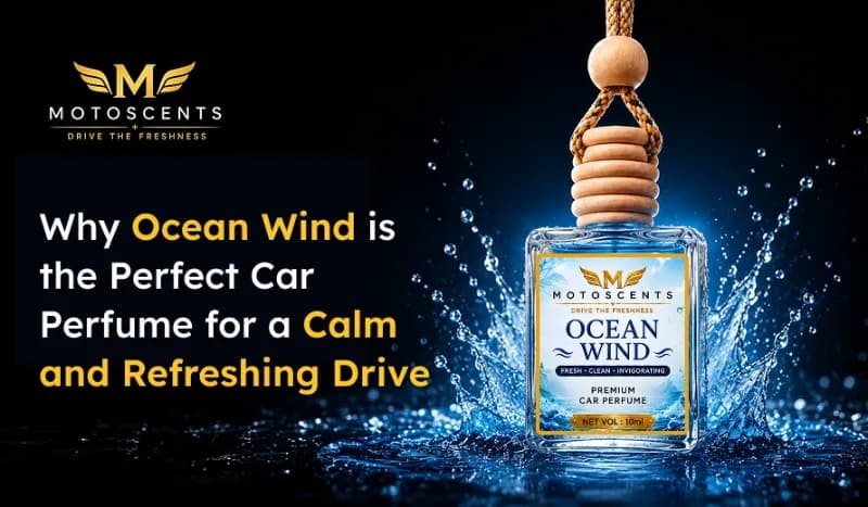 Motoscents Ocean Wind car perfume bottle with splash background, promoting a calm and refreshing driving experience.