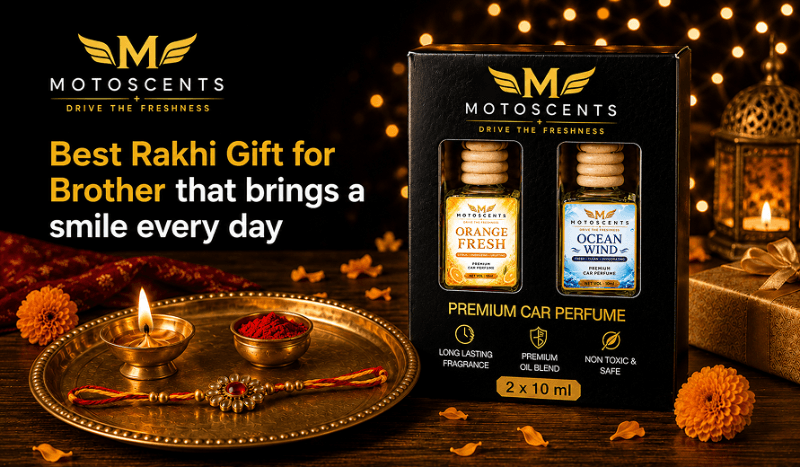 Premium car perfume gift set by Motoscents for Rakhi, featuring Orange Fresh and Ocean Wind scents with festive decor