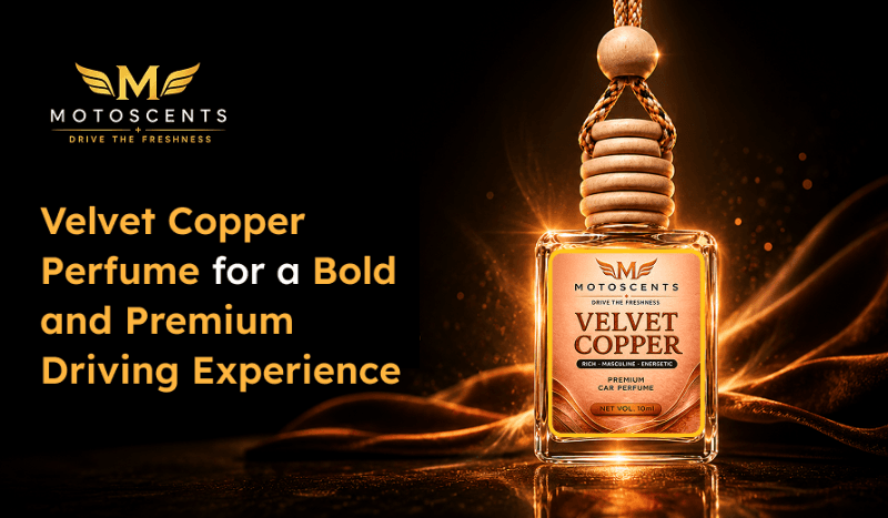 Bottle of Motoscents Velvet Copper premium car perfume with wooden cap and bold text promoting a premium driving